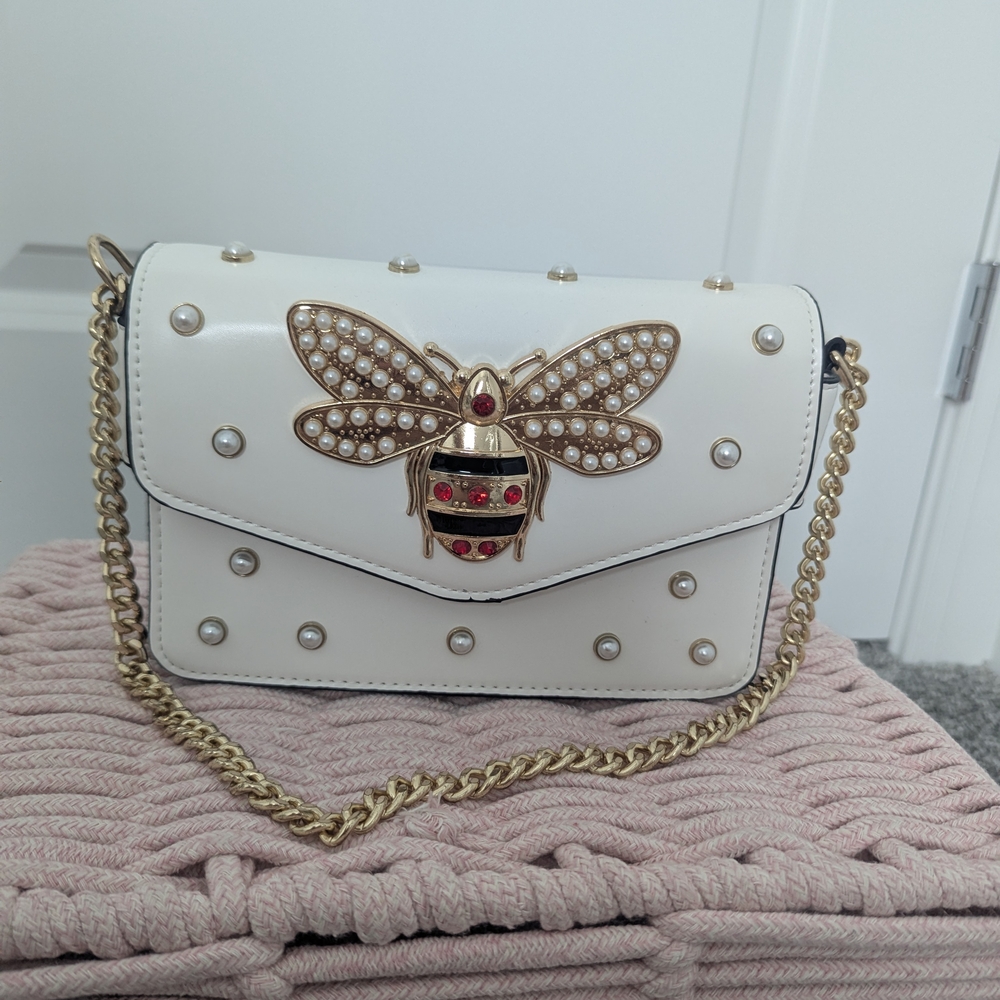 Elegant White Studded Bag with Gold Chain - Picture 10 of 16
